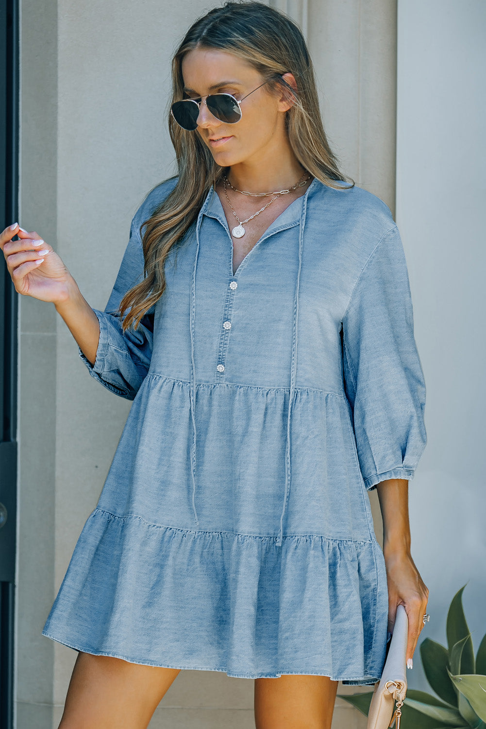 Drawstring Puff Sleeve Denim Mini Dress