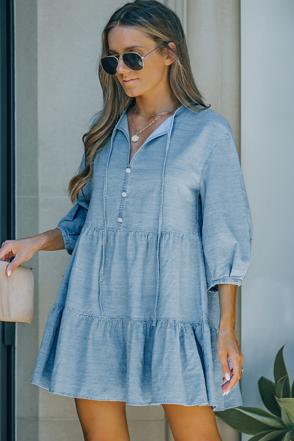 Drawstring Puff Sleeve Denim Mini Dress