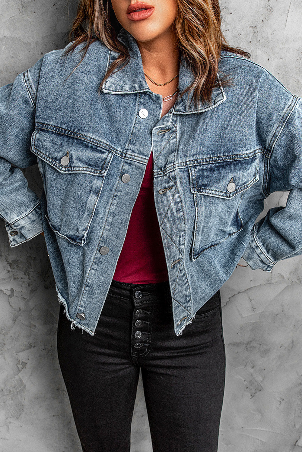 Raw Hem Denim Jacket with Flap Pockets