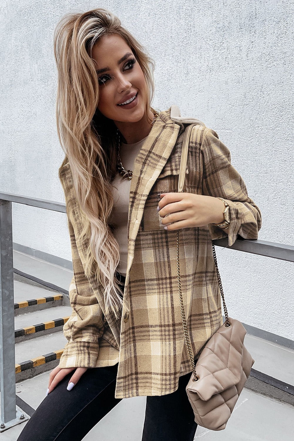 Plaid Flap Pocket Hooded Jacket