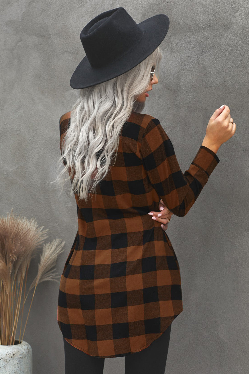 Brown Turn-down Collar Plaid Shirt Coat