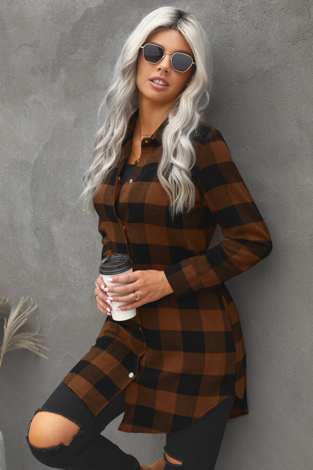 Brown Turn-down Collar Plaid Shirt Coat