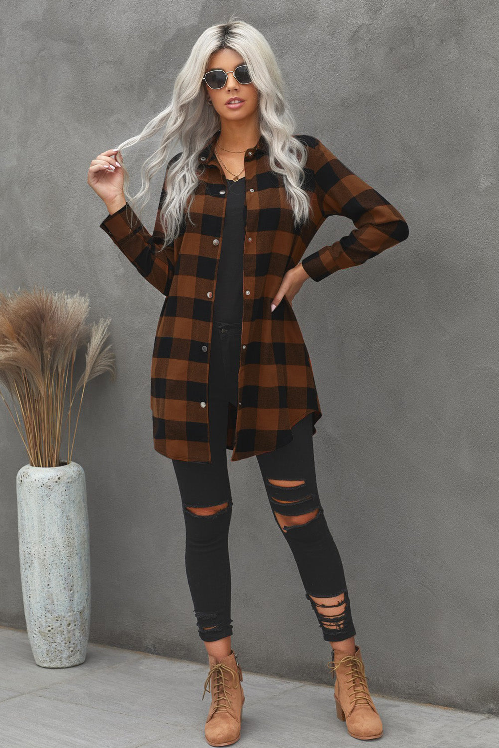 Brown Turn-down Collar Plaid Shirt Coat