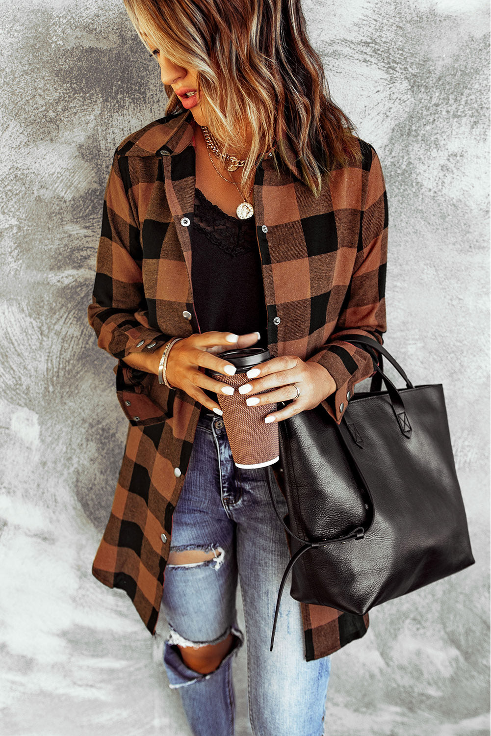 Brown Turn-down Collar Plaid Shirt Coat