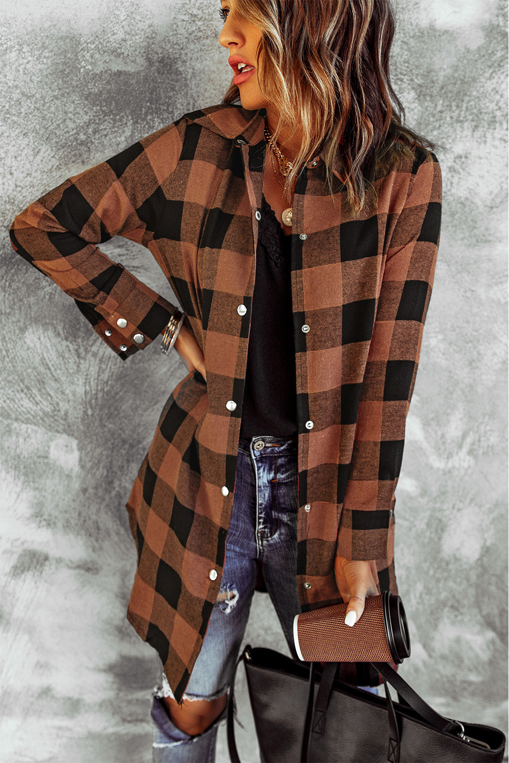 Brown Turn-down Collar Plaid Shirt Coat
