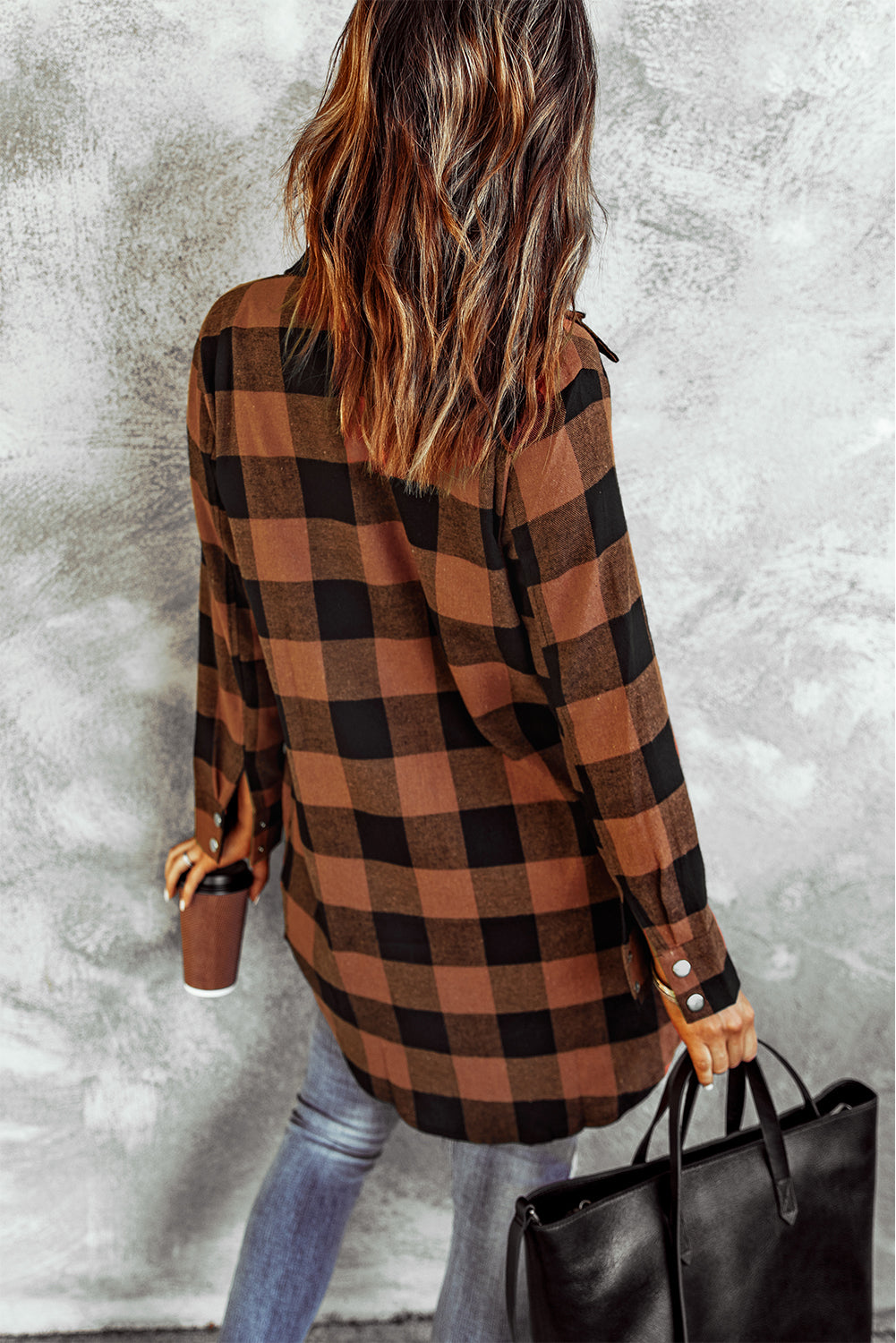 Brown Turn-down Collar Plaid Shirt Coat