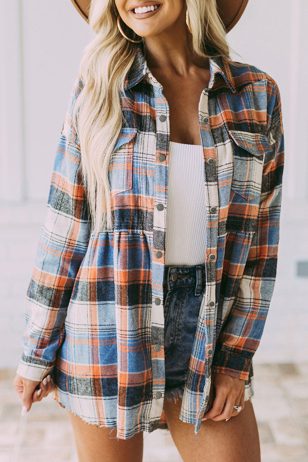 Plaid Button Down Ruffled Shirt Jacket