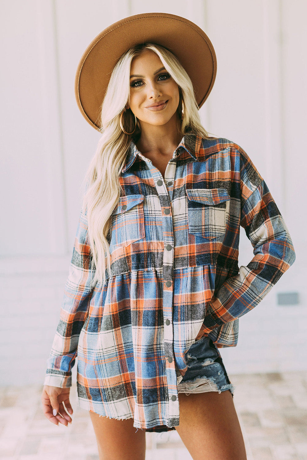 Plaid Button Down Ruffled Shirt Jacket