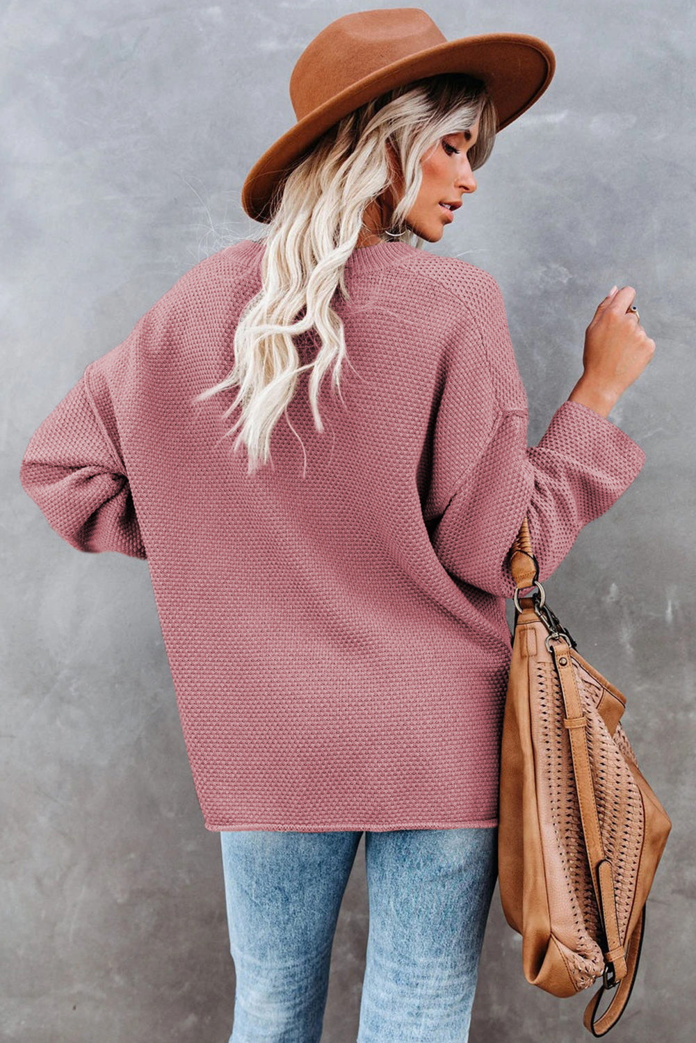 Pink Henley Pullover Drop Shoulder Sweater