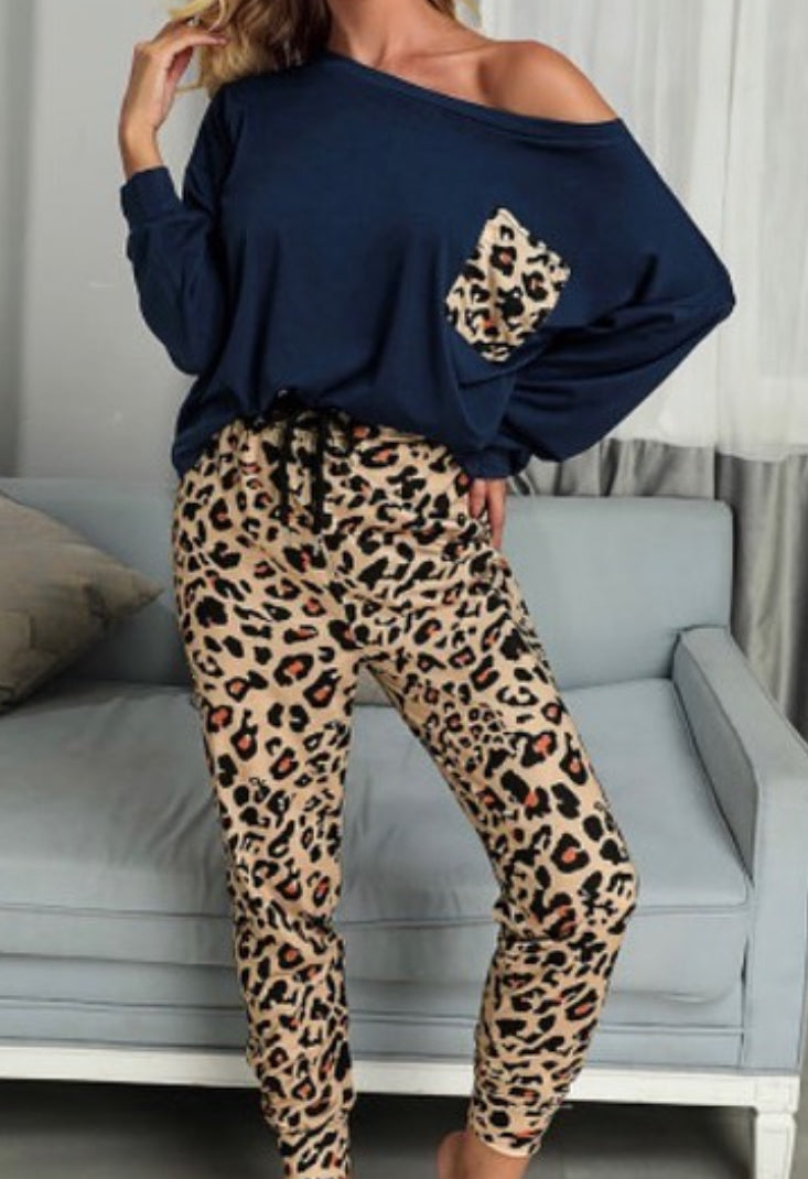 Long Sleeve Top and Leopard Print Pants Lounge Set