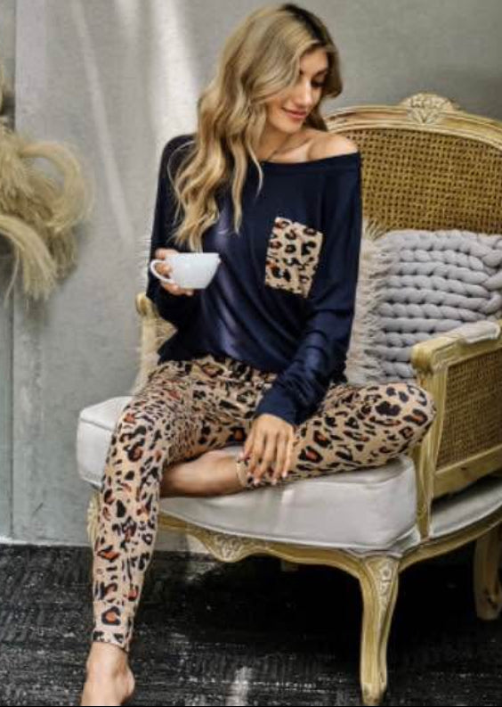 Long Sleeve Top and Leopard Print Pants Lounge Set