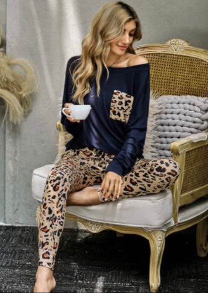 Long Sleeve Top and Leopard Print Pants Lounge Set