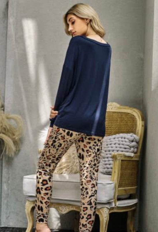 Long Sleeve Top and Leopard Print Pants Lounge Set