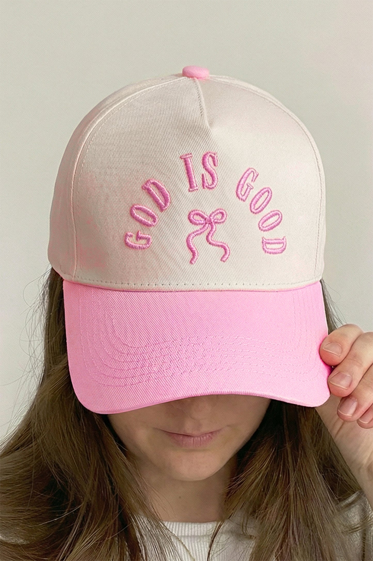 Pink GOD IS GOOD Embroidered Bow Baseball Cap