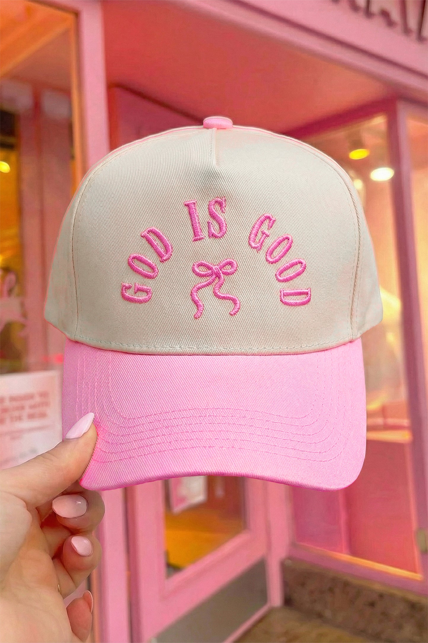 Pink GOD IS GOOD Embroidered Bow Baseball Cap