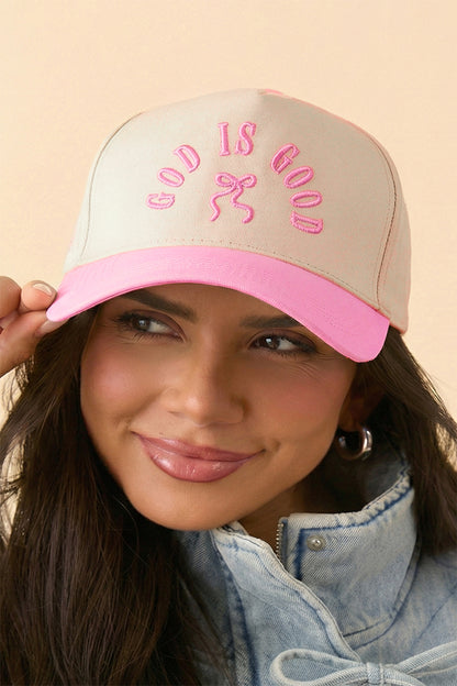 Pink GOD IS GOOD Embroidered Bow Baseball Cap