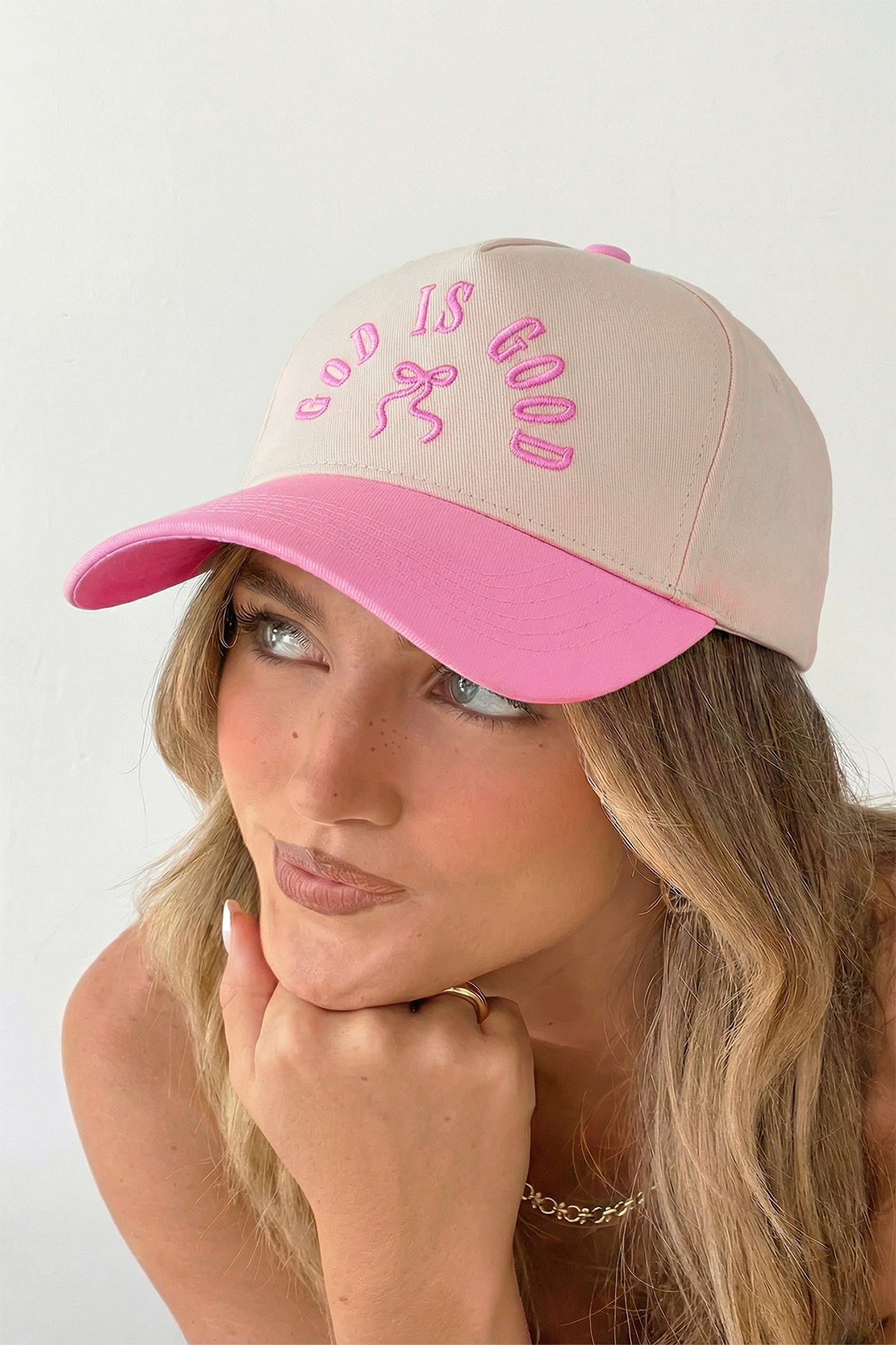 Pink GOD IS GOOD Embroidered Bow Baseball Cap