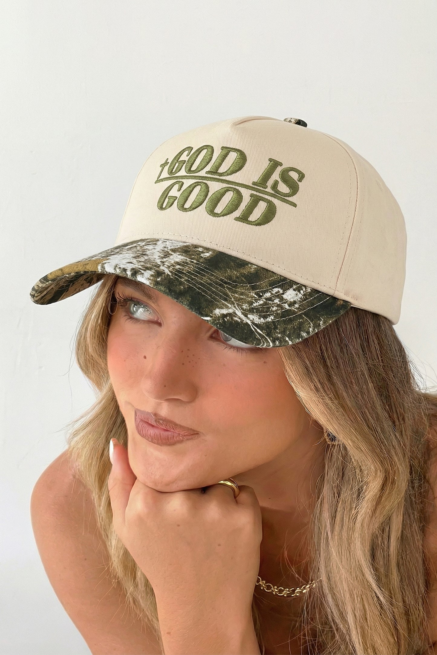 Green GOD IS GOOD Embroidered Camo Baseball Cap