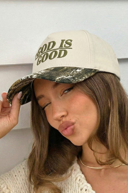 Green GOD IS GOOD Embroidered Camo Baseball Cap