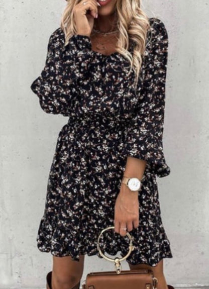 Smocked Waist Ruffled Long Sleeve Mini Dress