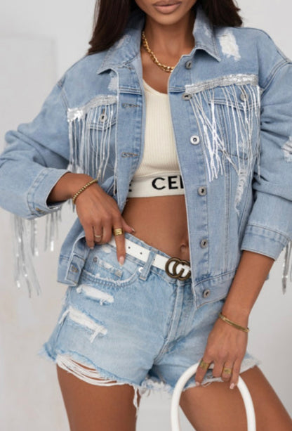 Sequins Fringe Distressed Denim Jacket