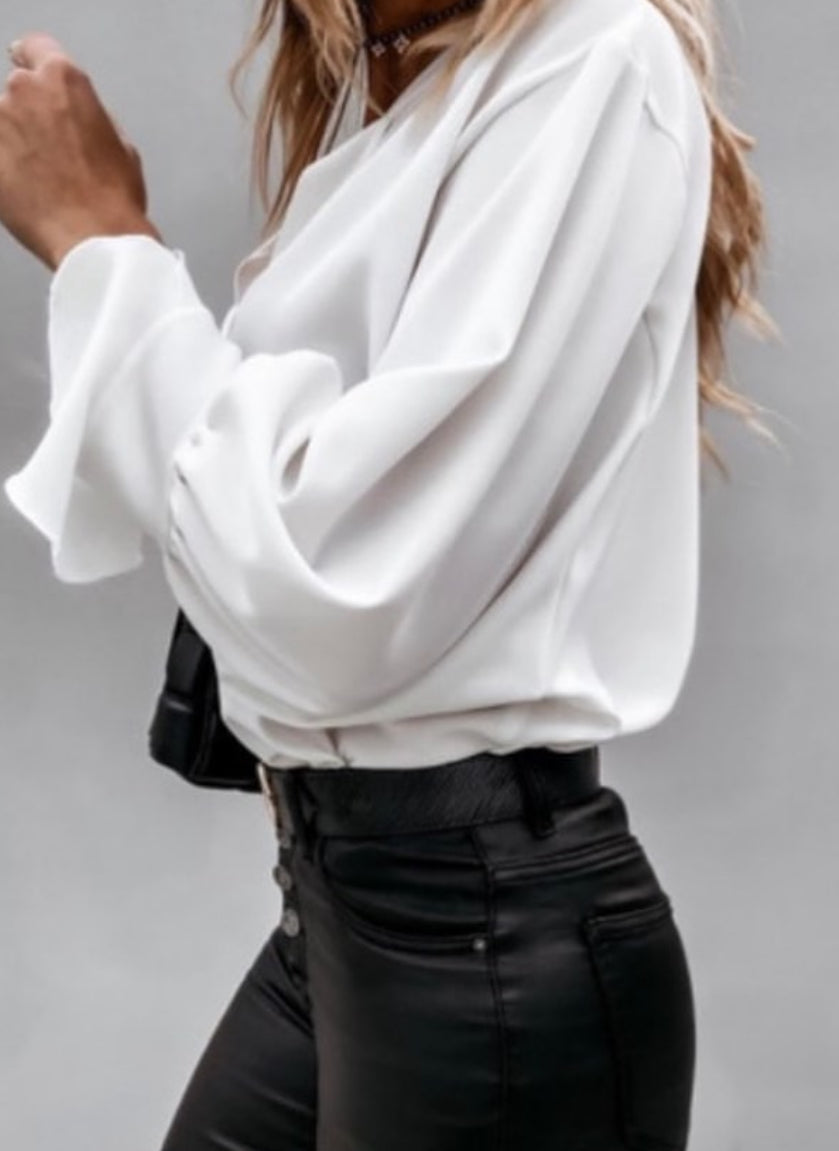 V Neck Long Puff Sleeve Top | 2 Colors |