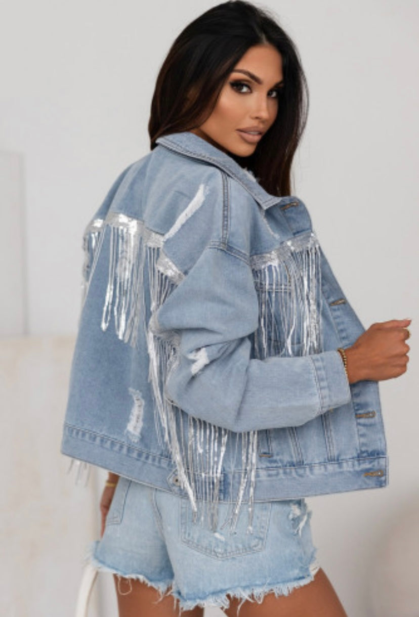 Sequins Fringe Distressed Denim Jacket