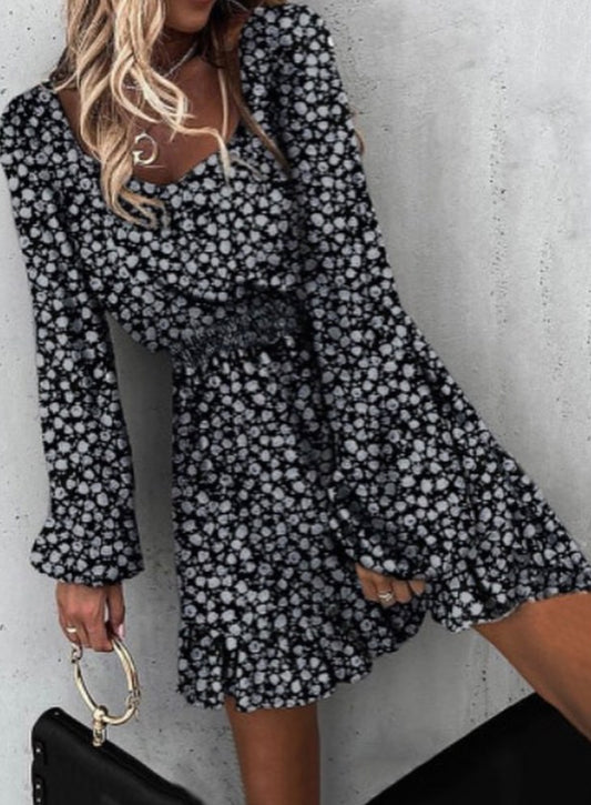 Black Smocked Waist Ruffled Long Sleeve Mini Dress