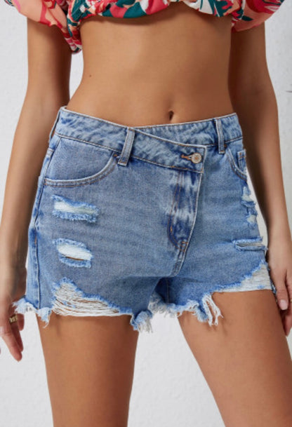 Crossover Waist Denim Shorts