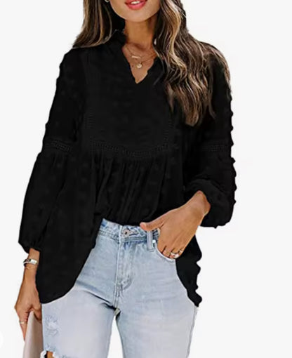 Ruffled Split Neck Lace Hollow Out Puff Sleeve Polka Dot Blouse | 4 Colors |