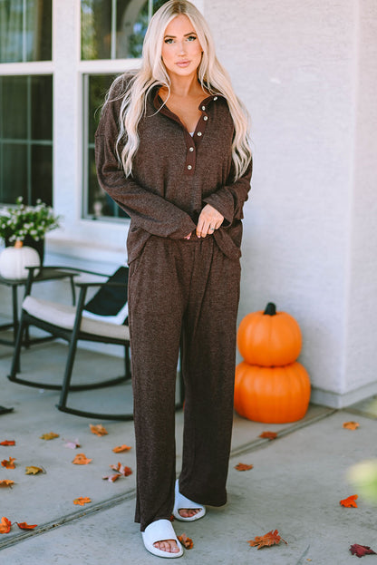 Brown Ribbed Knit Collared Henley Top and Pants Lounge Set