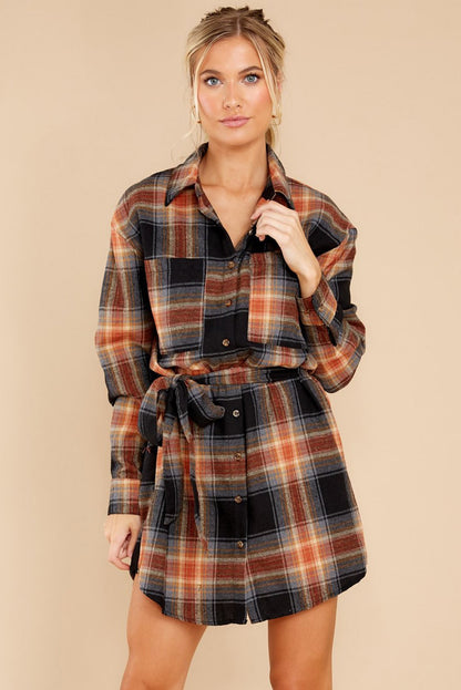 Plaid Pattern Collared Neck Shirt Dress