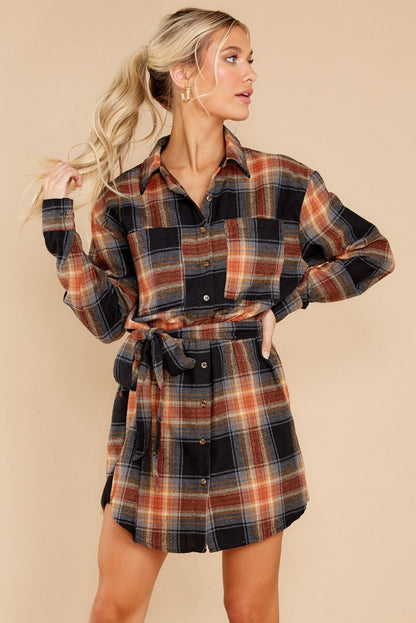 Plaid Pattern Collared Neck Shirt Dress
