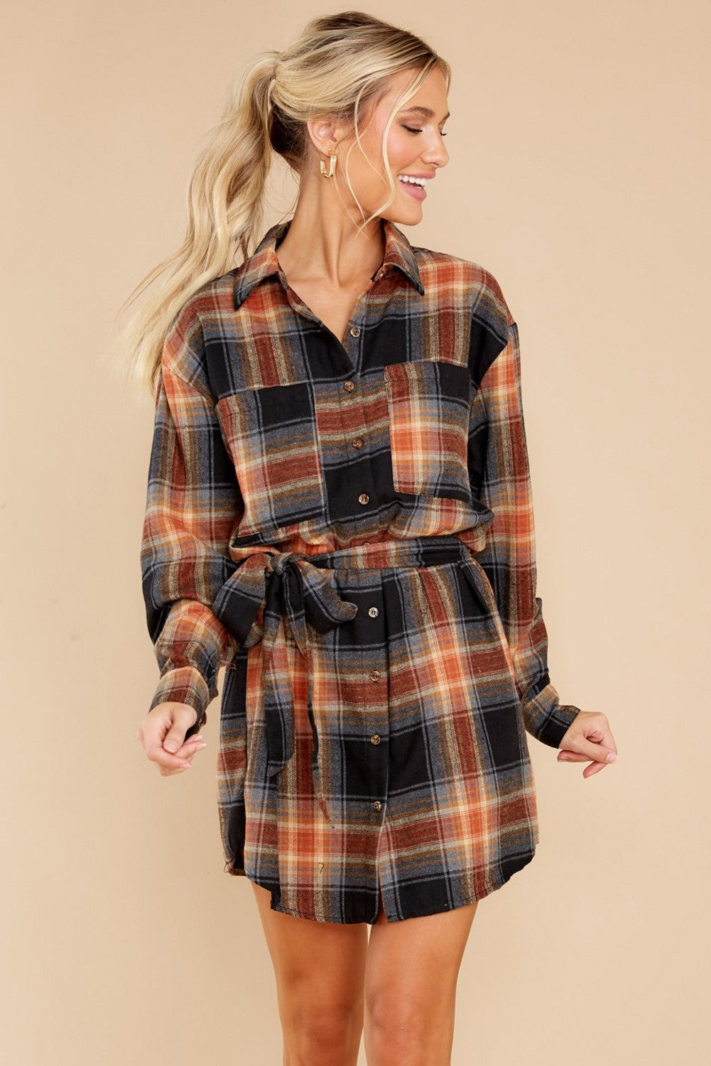Plaid Pattern Collared Neck Shirt Dress