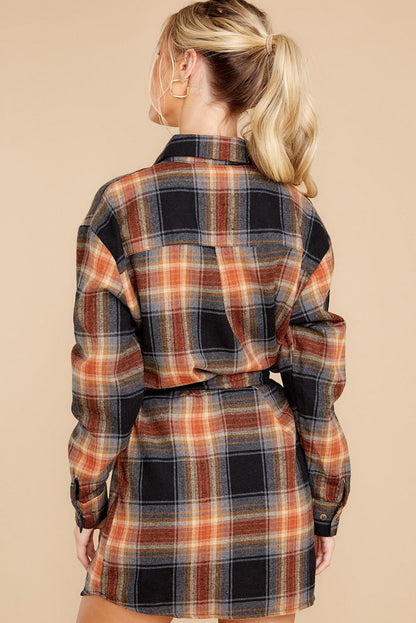 Plaid Pattern Collared Neck Shirt Dress