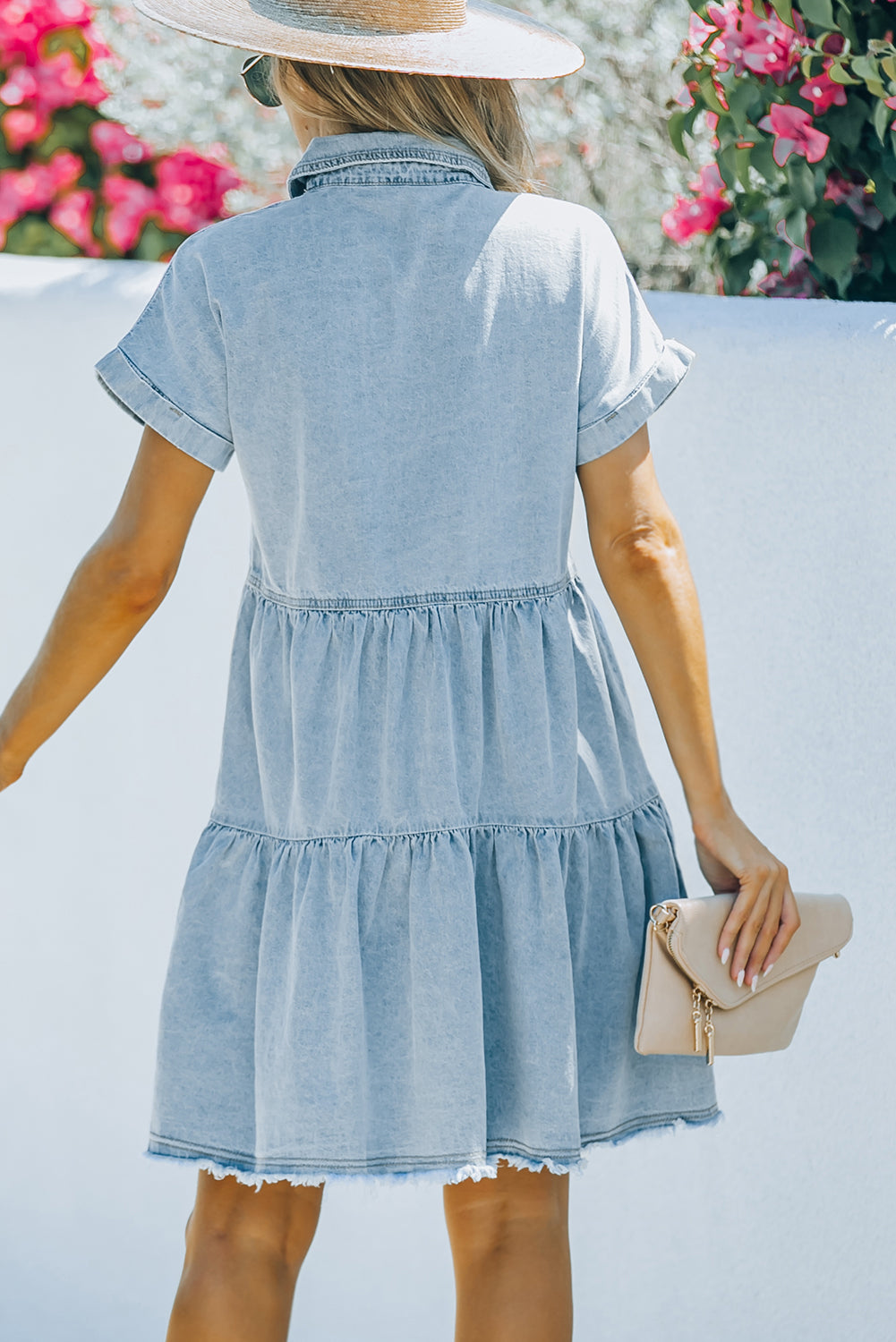 Frayed Short Sleeve Denim Dress