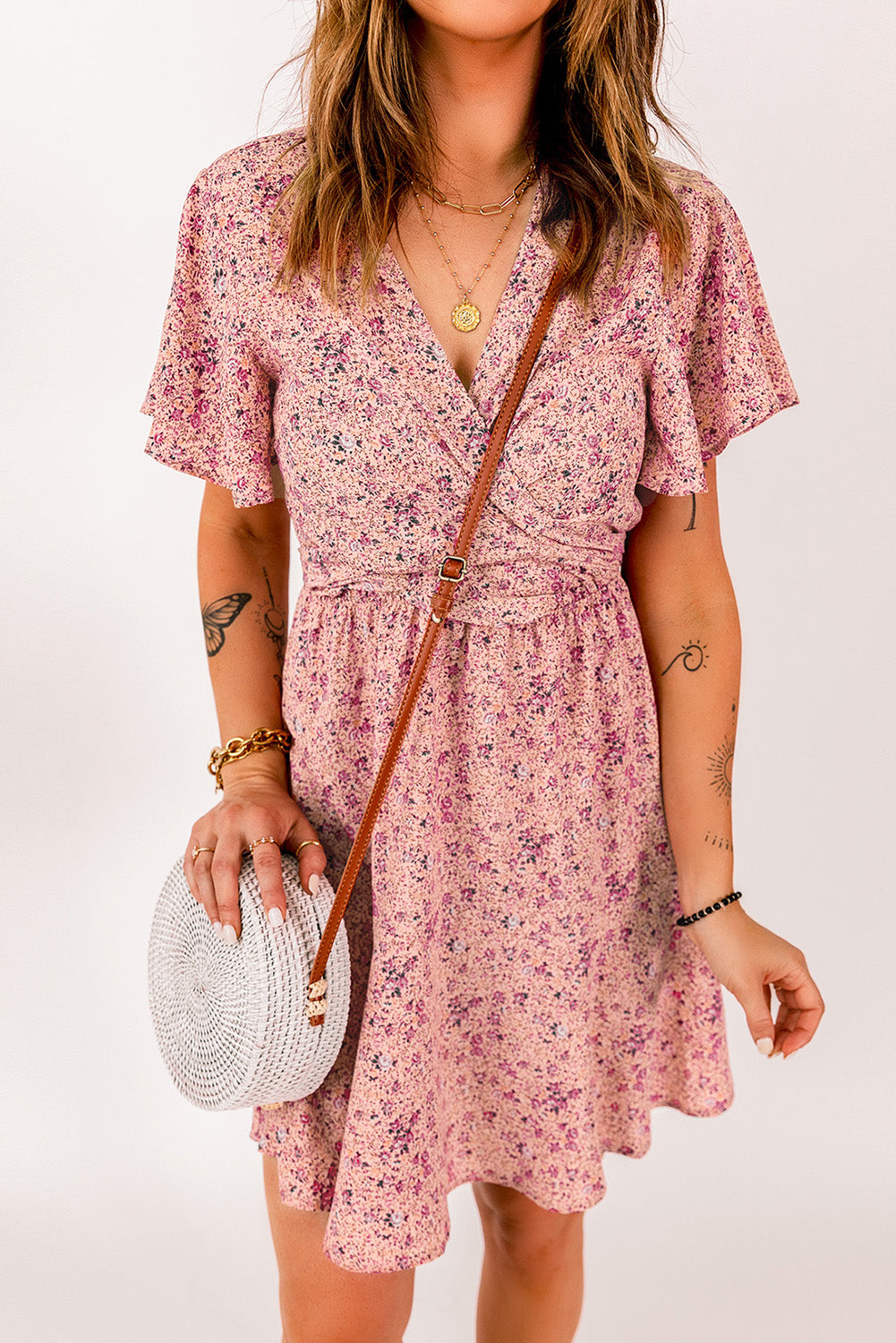 Pink Floral Tie Front Mini Dress