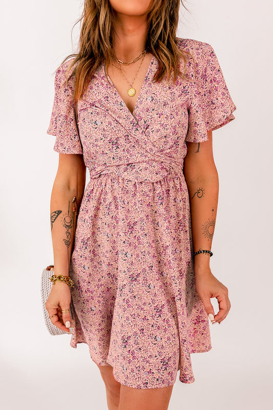 Pink Floral Tie Front Mini Dress