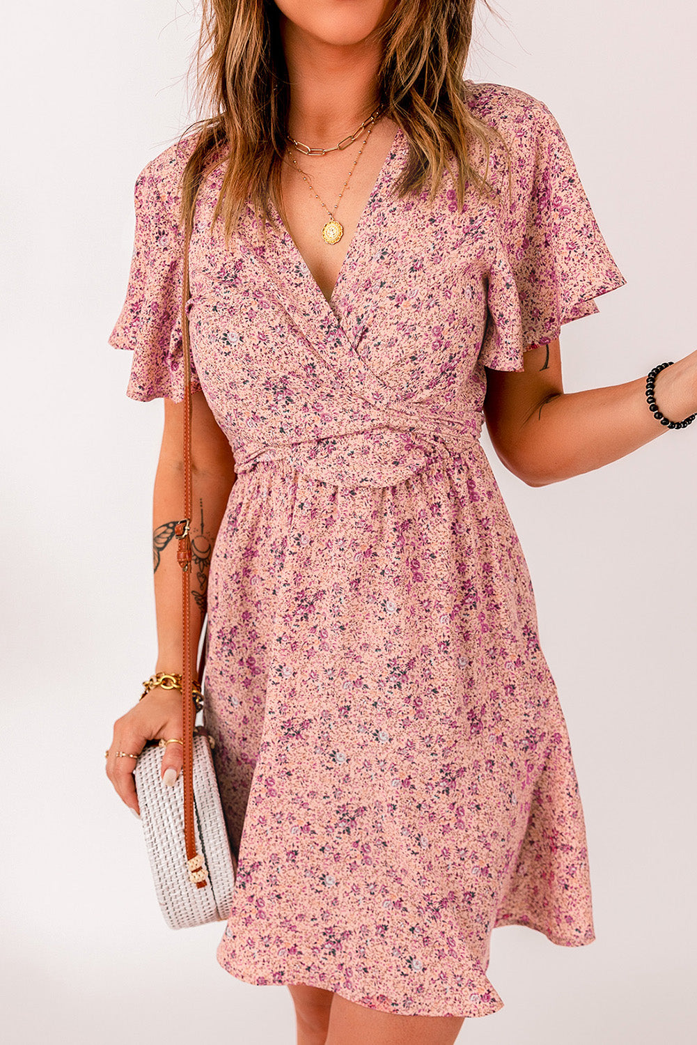 Pink Floral Tie Front Mini Dress