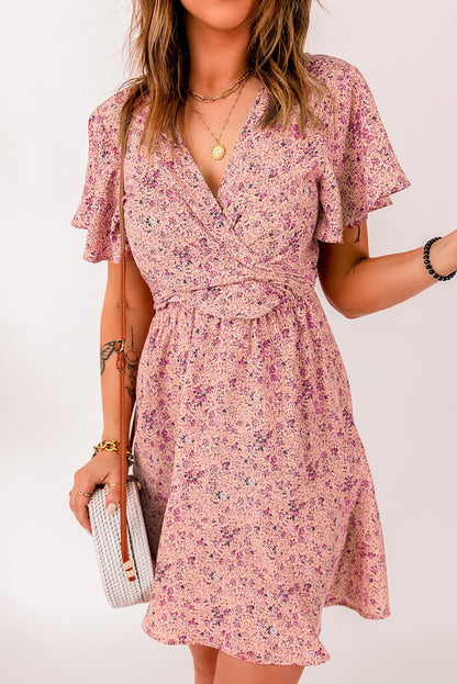 Pink Floral Tie Front Mini Dress