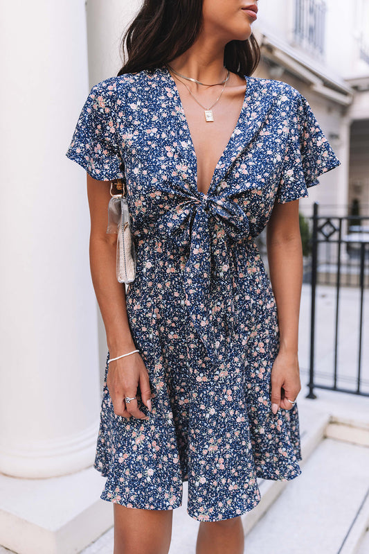 Blue Floral Tie Front Mini Dress