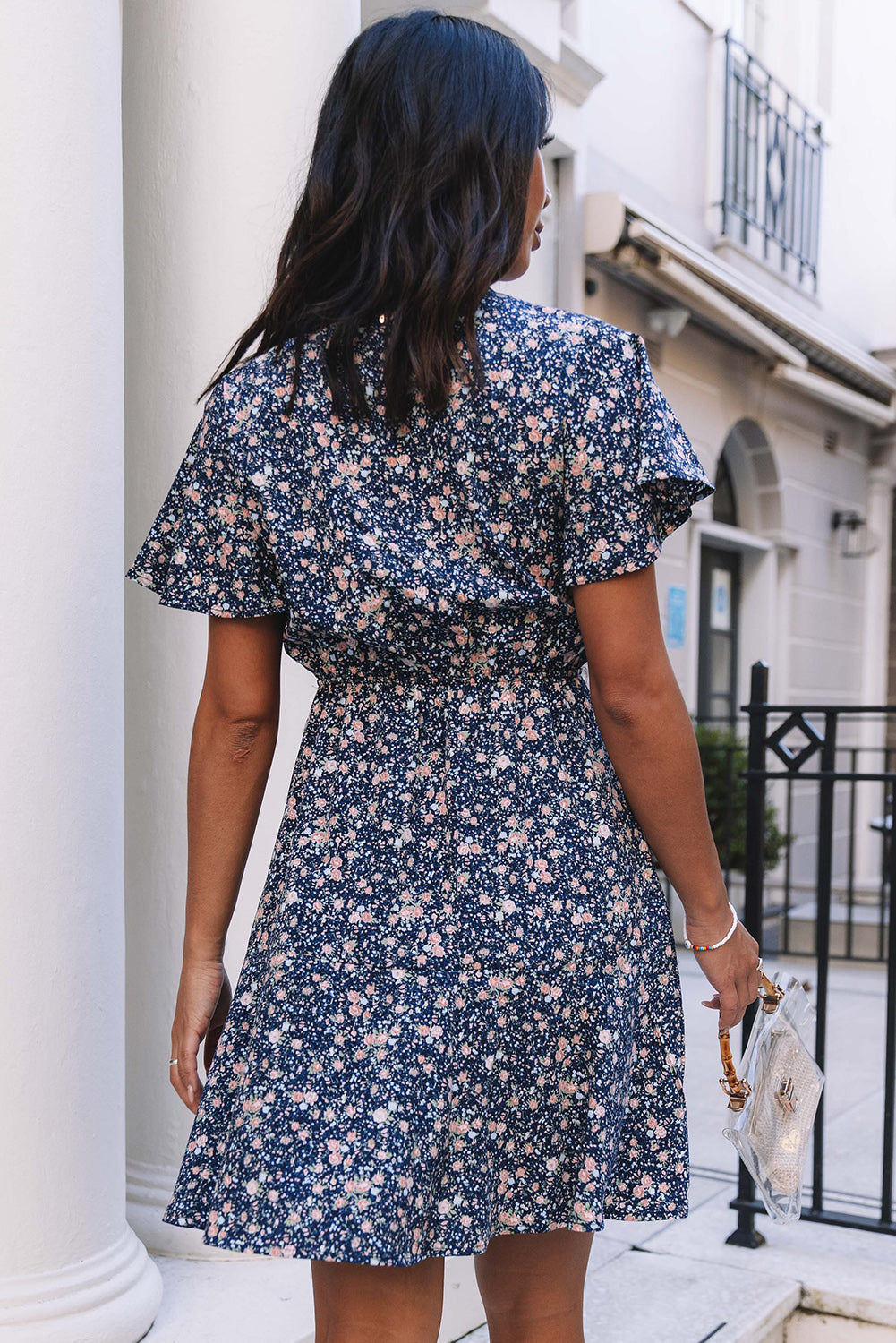 Blue Floral Tie Front Mini Dress