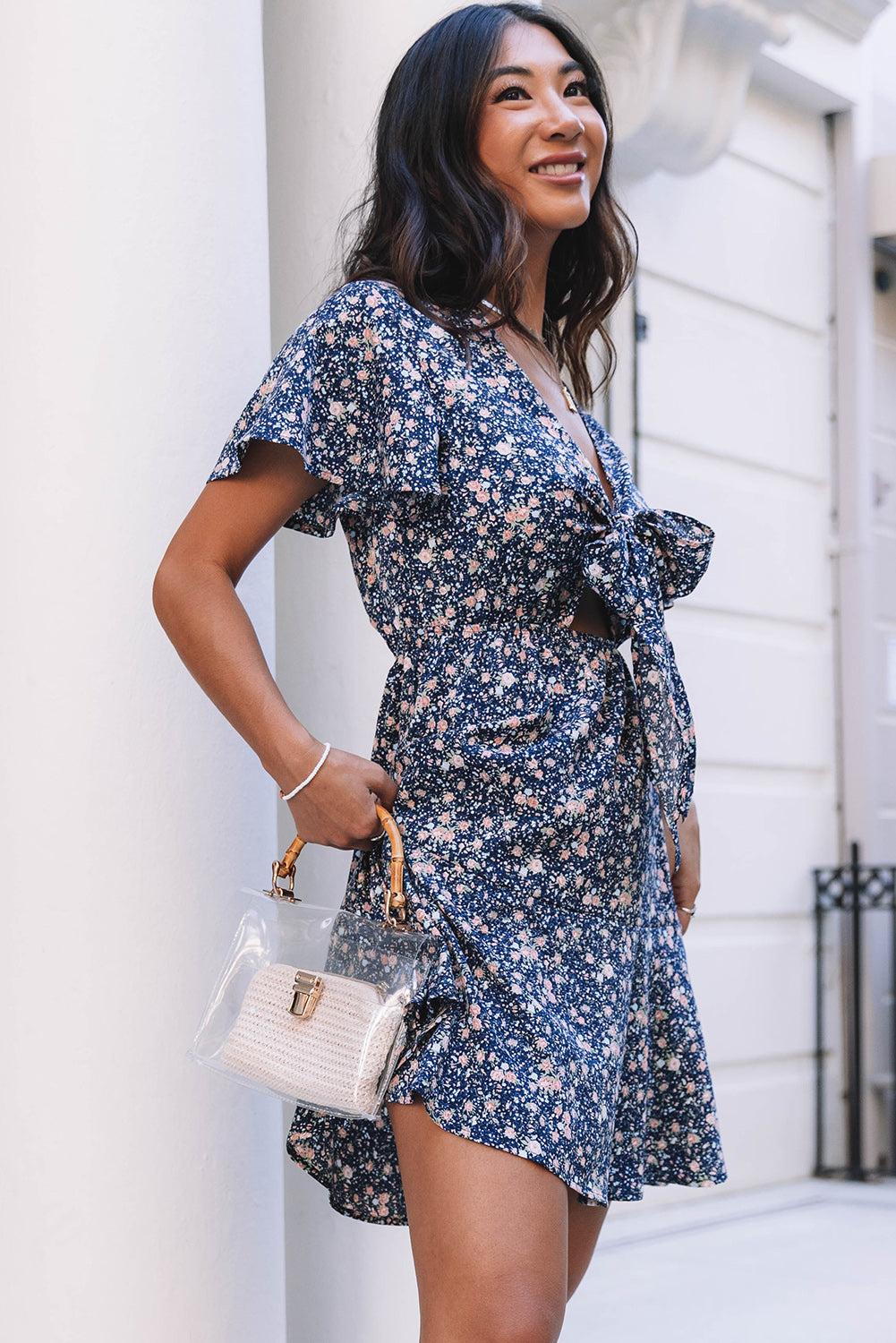 Blue Floral Tie Front Mini Dress