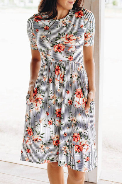 Floral Print Short Sleeve Midi Dress
