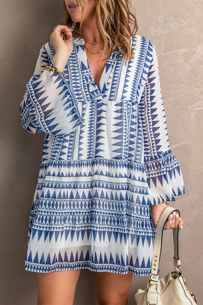 Blue Geometric Printed Flared Long Sleeve Mini Dress
