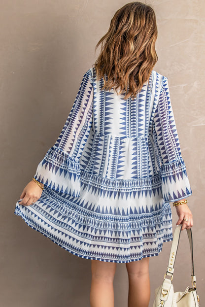 Blue Geometric Printed Flared Long Sleeve Mini Dress