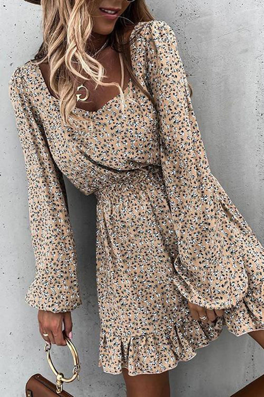 Khaki Smocked Waist Ruffled Long Sleeve Mini Dress
