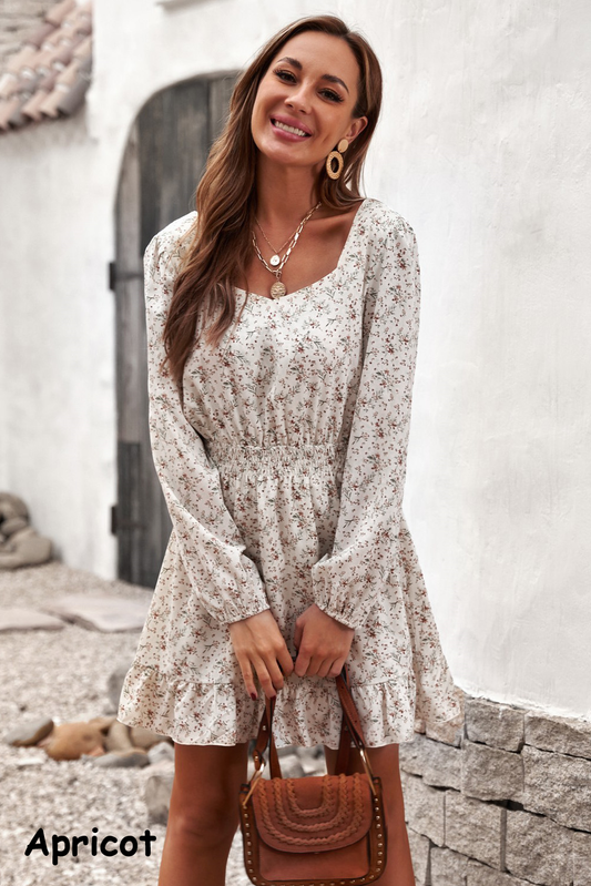 Beige Smocked Waist Ruffled Long Sleeve Mini Dress