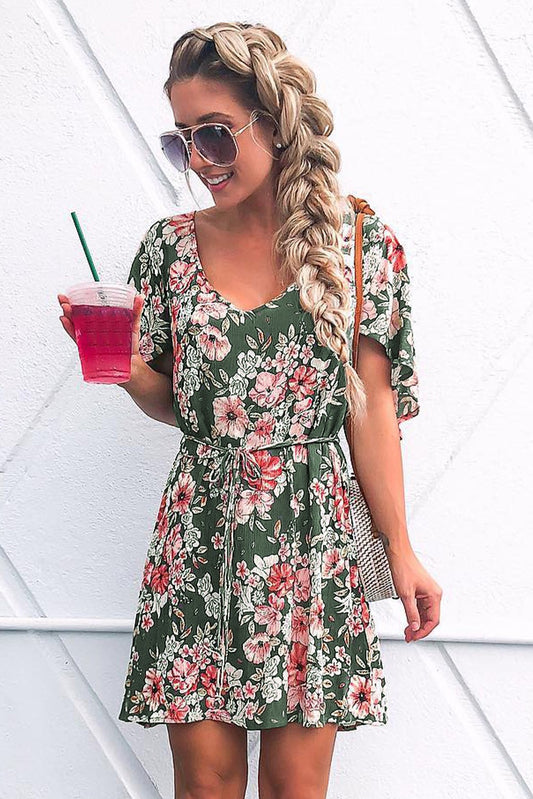 Green Floral V Neck Open Back Mini Dress