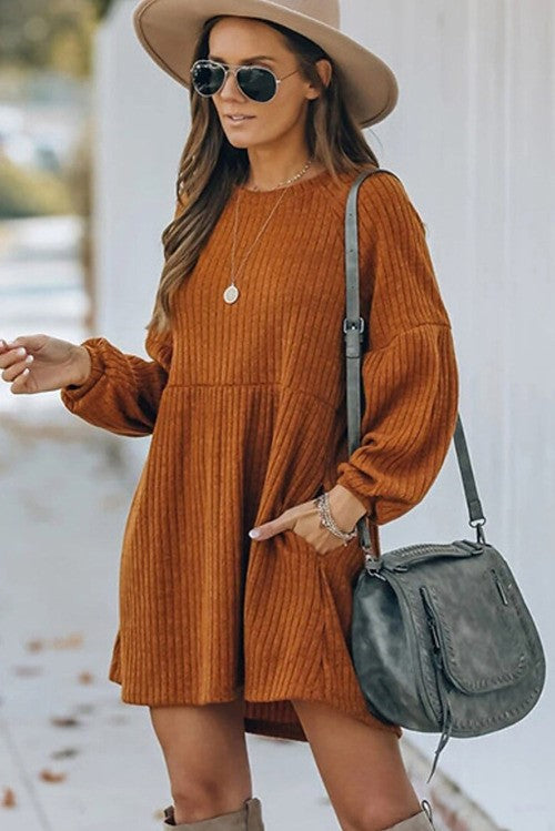 Brown Empire Waist Ribbed Knit Dress